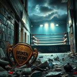 Flick International Dimly lit urban alleyway featuring a shattered trophy symbolizing chaos and controversy