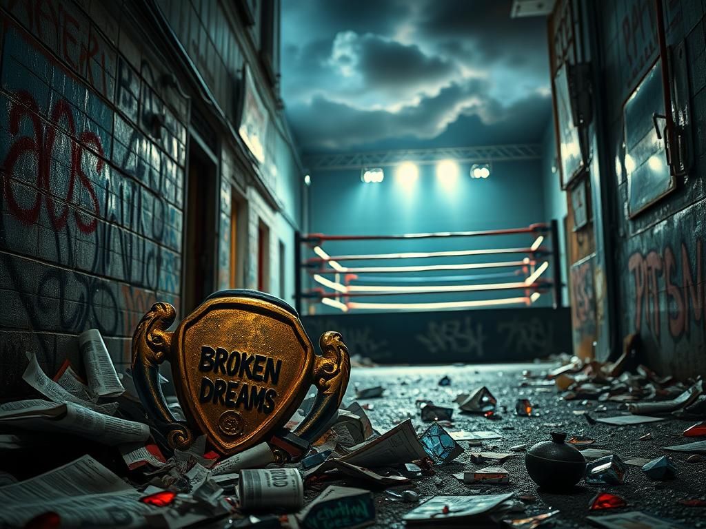 Flick International Dimly lit urban alleyway featuring a shattered trophy symbolizing chaos and controversy