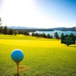 Flick International Scenic golf course panorama featuring a vibrant golf ball on a tee.