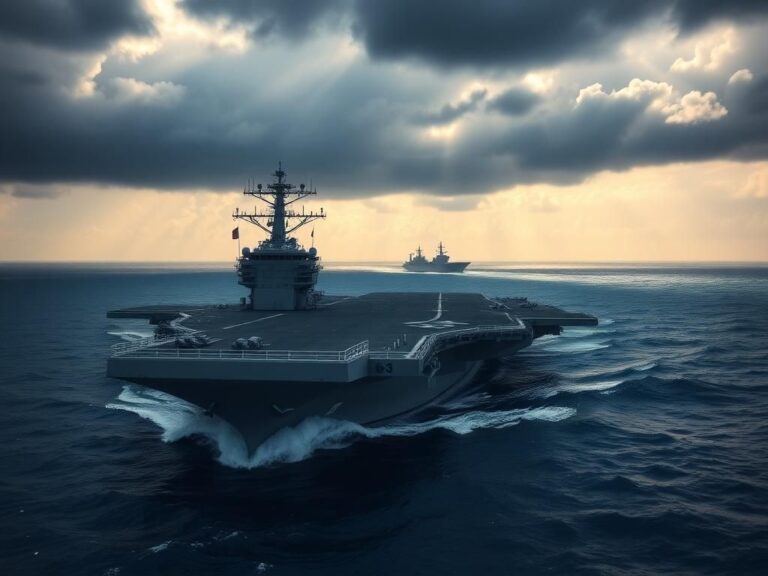 Flick International USS Nimitz aircraft carrier navigating through deep blue ocean waters under a dramatic sky