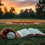 Flick International Worn baseball glove and ball on a serene baseball field at sunset