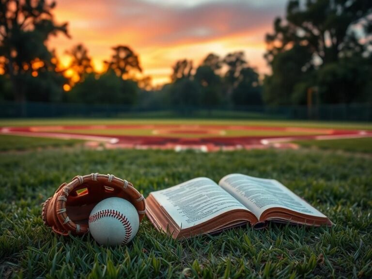 Flick International Worn baseball glove and ball on a serene baseball field at sunset