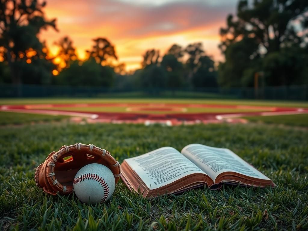 Flick International Worn baseball glove and ball on a serene baseball field at sunset