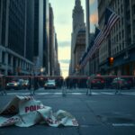 Flick International Urban scene of New York City with skyscrapers and police barricade amidst protest banners