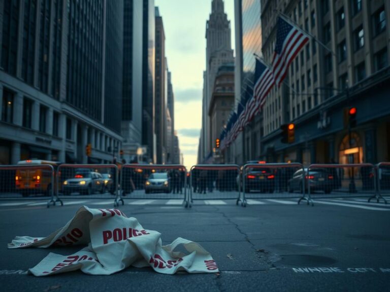 Flick International Urban scene of New York City with skyscrapers and police barricade amidst protest banners