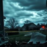 Flick International Aftermath of a shooting in a suburban neighborhood with shattered window and police presence