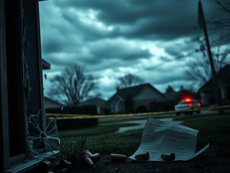 Flick International Aftermath of a shooting in a suburban neighborhood with shattered window and police presence