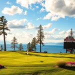 Flick International A vibrant golf course at Lake Tahoe with manicured fairways and a flapping flag