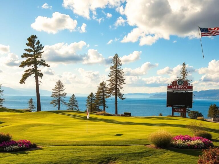Flick International A vibrant golf course at Lake Tahoe with manicured fairways and a flapping flag