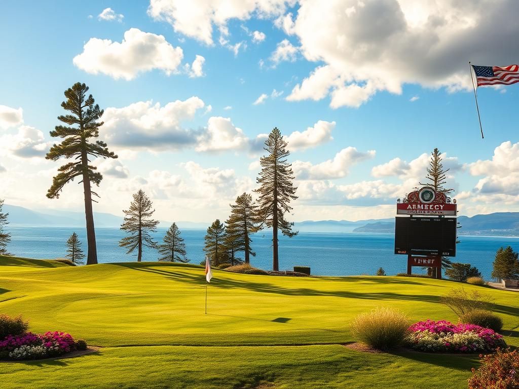 Flick International A vibrant golf course at Lake Tahoe with manicured fairways and a flapping flag