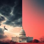 Flick International Split landscape showing tension between the U.S. and the Middle East with dark stormy skies and a bright Capitol building.