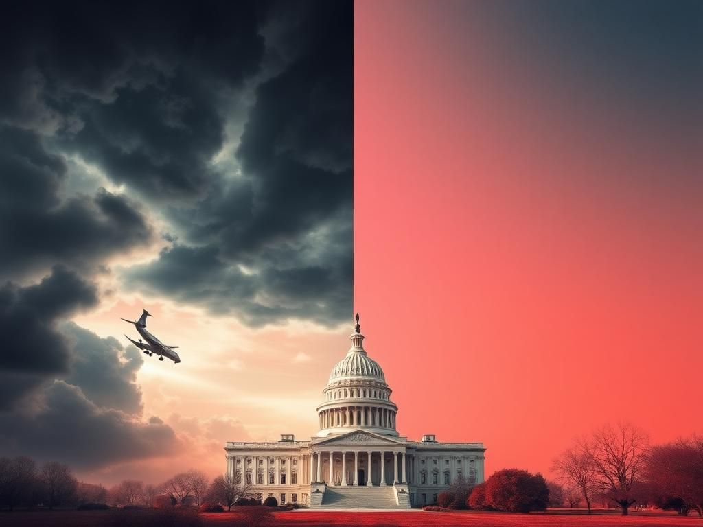 Flick International Split landscape showing tension between the U.S. and the Middle East with dark stormy skies and a bright Capitol building.