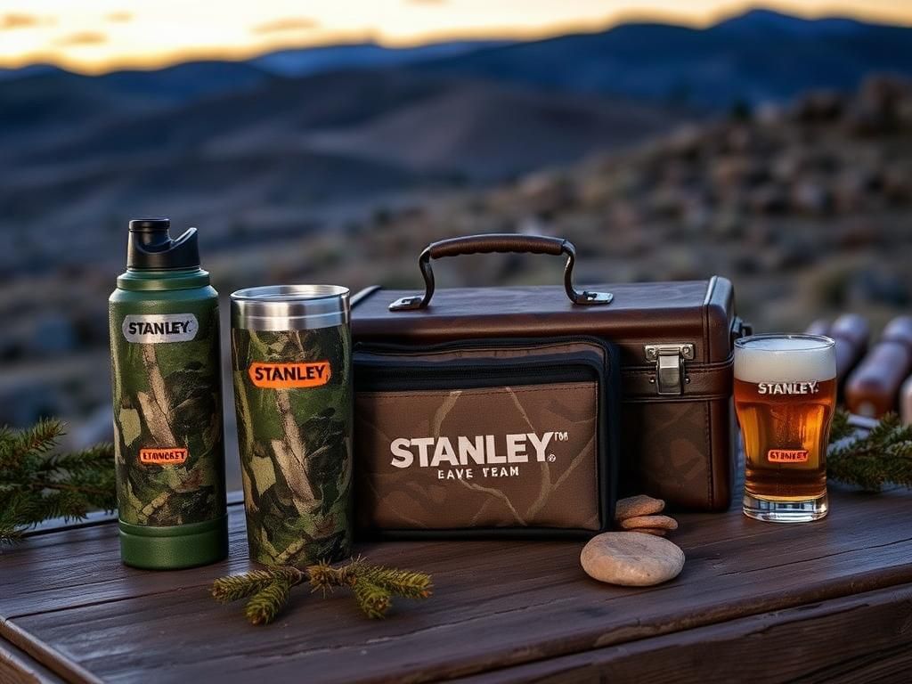 Flick International A dynamic collection of Stanley products featuring camo designs on a rustic wooden table