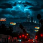 Flick International Dramatic nighttime cityscape of Los Angeles showcasing the Hollywood sign and palm trees against a stormy sky
