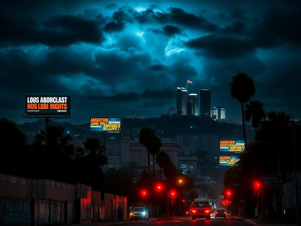 Flick International Dramatic nighttime cityscape of Los Angeles showcasing the Hollywood sign and palm trees against a stormy sky