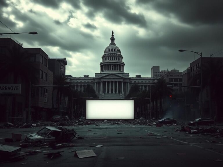 Flick International Urban landscape following a chaotic protest in Los Angeles with scattered debris and signs of unrest