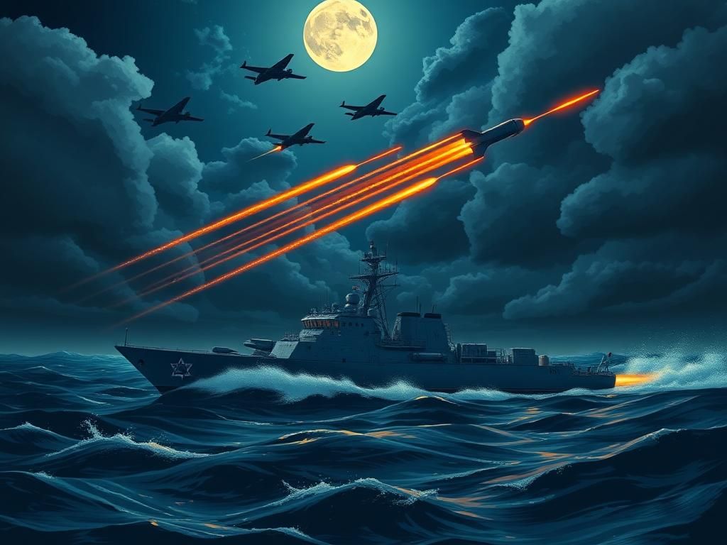 Flick International Israeli Sa’ar 6 missile ship intercepting Iranian drones at night