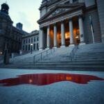 Flick International A dramatic scene of the exterior of a Lower Manhattan courthouse with blurred architecture and a blood-red stain on the steps