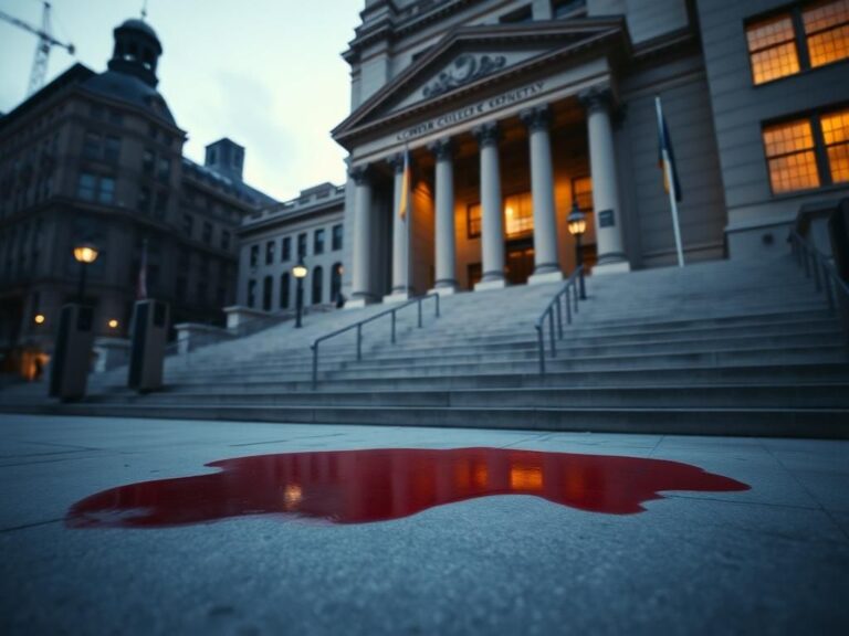 Flick International A dramatic scene of the exterior of a Lower Manhattan courthouse with blurred architecture and a blood-red stain on the steps