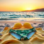 Flick International A vibrant yellow retro bikini top and green floral bikini bottoms on a sun-bleached towel by the beach at sunset