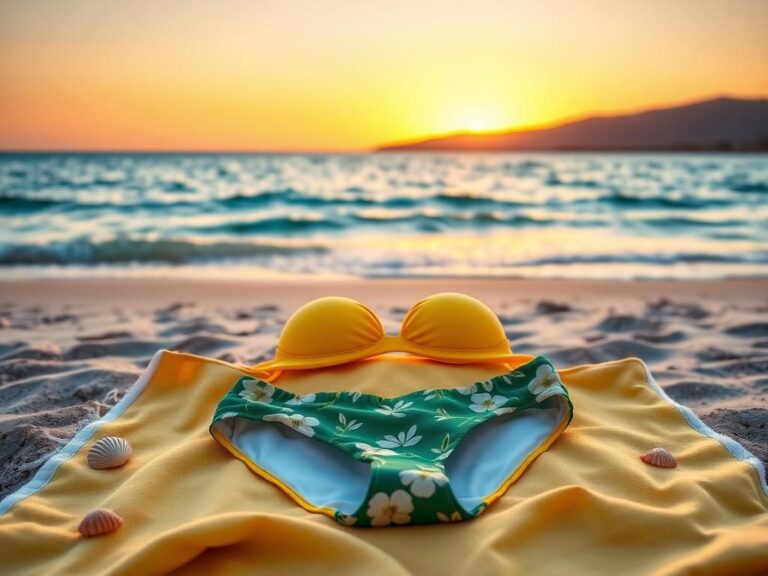 Flick International A vibrant yellow retro bikini top and green floral bikini bottoms on a sun-bleached towel by the beach at sunset