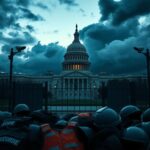 Flick International U.S. Capitol building at dusk surrounded by security barriers and surveillance cameras