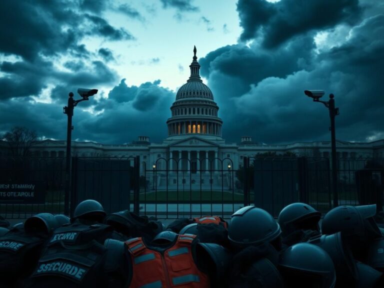 Flick International U.S. Capitol building at dusk surrounded by security barriers and surveillance cameras