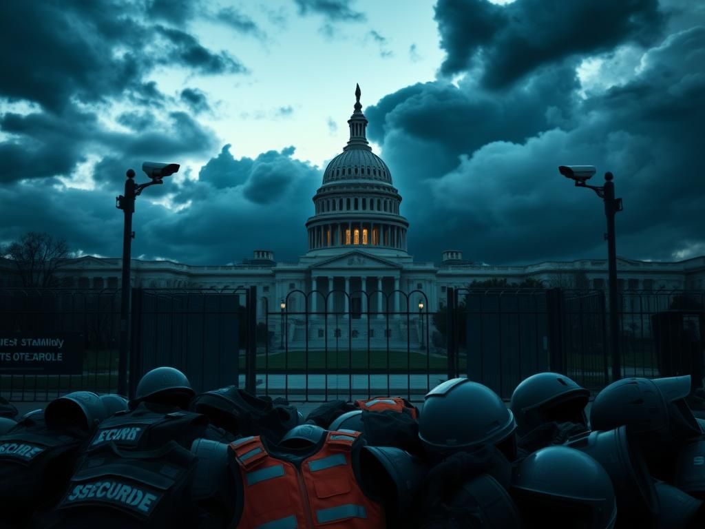 Flick International U.S. Capitol building at dusk surrounded by security barriers and surveillance cameras