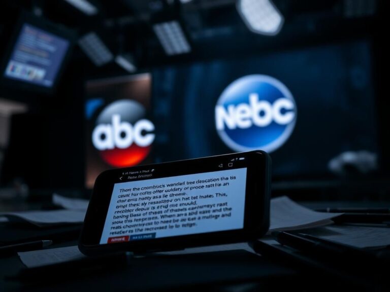 Flick International A close-up of a smartphone displaying a blurred social media post amidst scattered papers, symbolizing tension in the newsroom.
