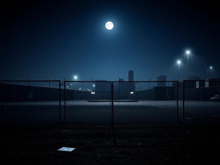 Flick International Stark immigration enforcement facility at dusk with a weathered metal fence