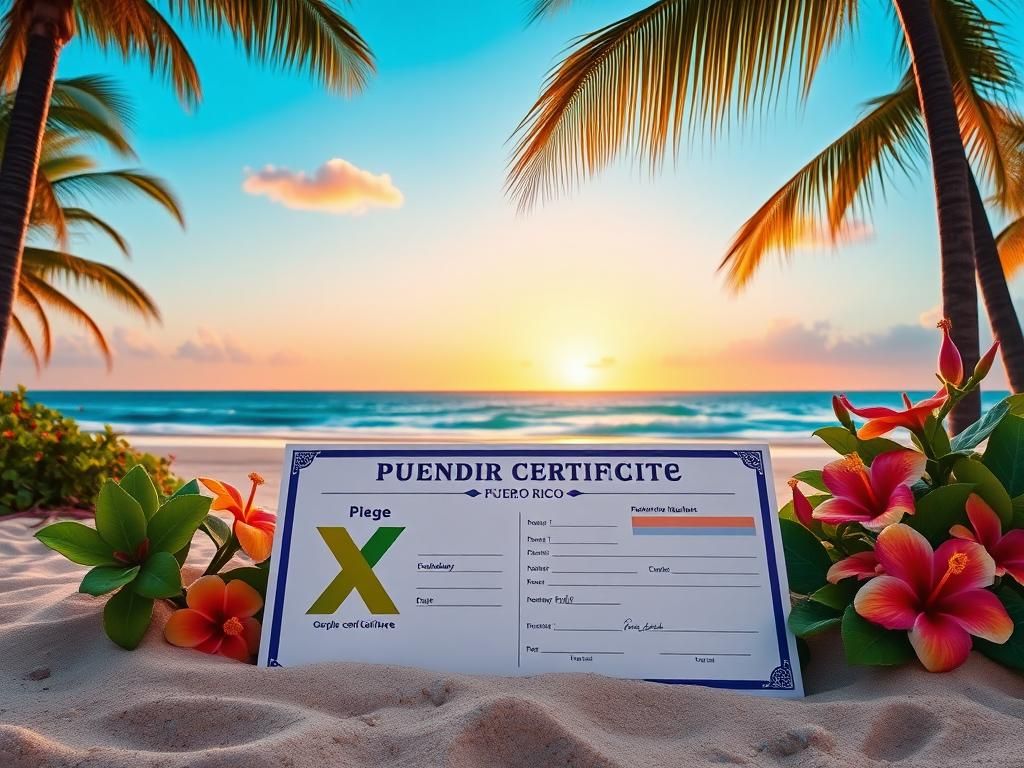 Flick International Serene landscape of Puerto Rico with stylized birth certificate showing nonbinary gender marker 'X'
