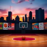 Flick International A basketball court at sunset with vibrant community posters promoting unity and change