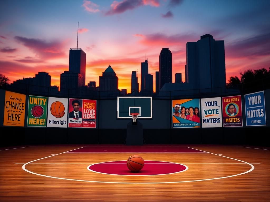 Flick International A basketball court at sunset with vibrant community posters promoting unity and change