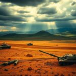 Flick International Dramatic landscape illustrating the Israel-Iran conflict with a scorched desert terrain and abandoned military equipment.