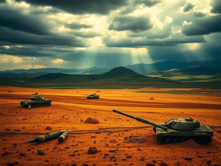 Flick International Dramatic landscape illustrating the Israel-Iran conflict with a scorched desert terrain and abandoned military equipment.