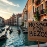 Flick International Large protest sign reading 'No Space for Bezos' displayed in a Venetian canal with gondolas and historic architecture