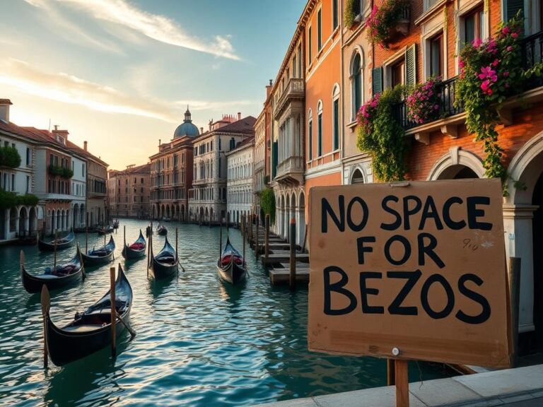 Flick International Large protest sign reading 'No Space for Bezos' displayed in a Venetian canal with gondolas and historic architecture