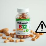 Flick International Clear plastic bottle of Vitamin B12 gummy vitamins with colorful labels and scattered peanuts illustrating allergen concerns