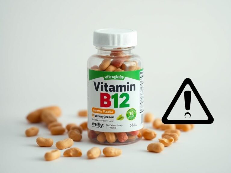 Flick International Clear plastic bottle of Vitamin B12 gummy vitamins with colorful labels and scattered peanuts illustrating allergen concerns