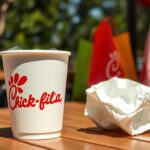 Flick International A close-up of a vibrant Chick-fil-A paper cup alongside a crumpled Styrofoam cup on a sunny outdoor table