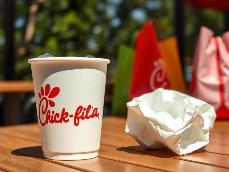 Flick International A close-up of a vibrant Chick-fil-A paper cup alongside a crumpled Styrofoam cup on a sunny outdoor table