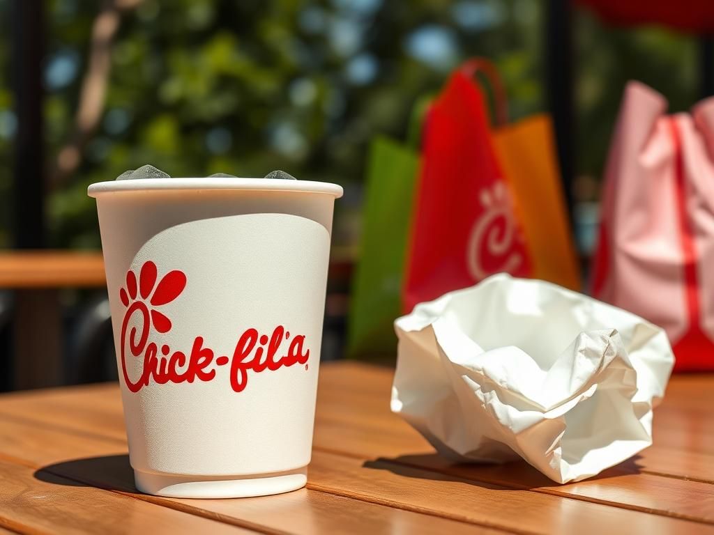 Flick International A close-up of a vibrant Chick-fil-A paper cup alongside a crumpled Styrofoam cup on a sunny outdoor table
