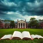 Flick International An iconic view of Harvard University with Harvard Hall surrounded by greenery and open books on the grass