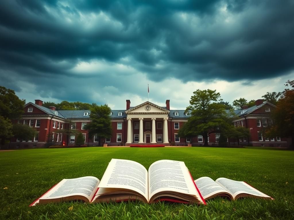 Flick International An iconic view of Harvard University with Harvard Hall surrounded by greenery and open books on the grass