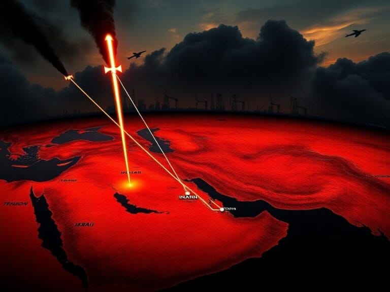 Flick International Dramatic map of the Middle East illustrating Israel-Iran conflict with missile trajectories