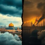 Flick International A dramatic split landscape showcasing the contrasting skylines of Jerusalem and Tehran, symbolizing the tension between Israel and Iran.