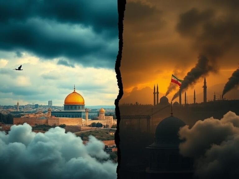 Flick International A dramatic split landscape showcasing the contrasting skylines of Jerusalem and Tehran, symbolizing the tension between Israel and Iran.