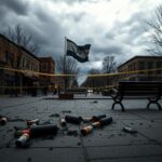 Flick International Empty city square in Boulder, Colorado after the terror attack, with debris and unlit homemade incendiary devices.