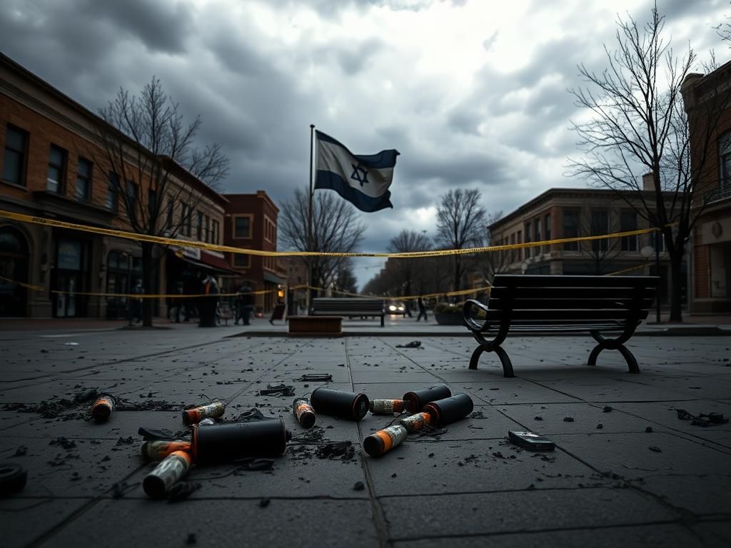 Flick International Empty city square in Boulder, Colorado after the terror attack, with debris and unlit homemade incendiary devices.