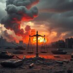 Flick International War-torn Middle Eastern cityscape with smoke and explosions